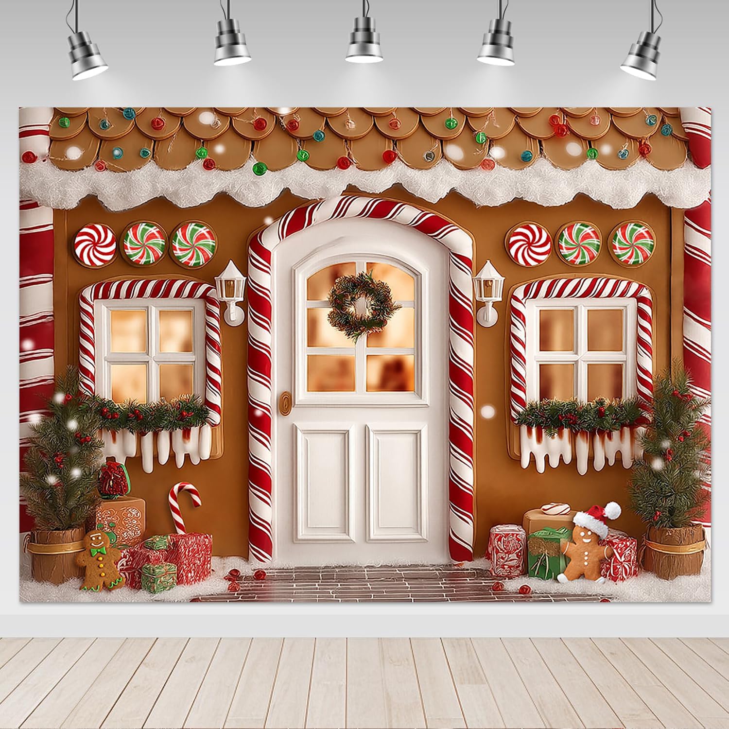 Mocsicka Gingerbread Christmas Backdrop Christmas Candy Cane Party Background Decorations Gingerbread House Family Holiday Party Photography Decorations Props (7x5ft)